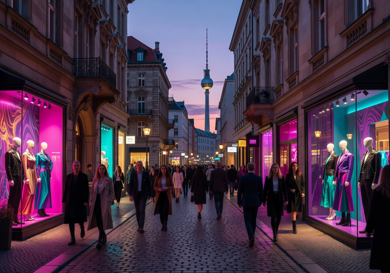 Berlin cityscape at dusk showing the vibrant urban fashion district