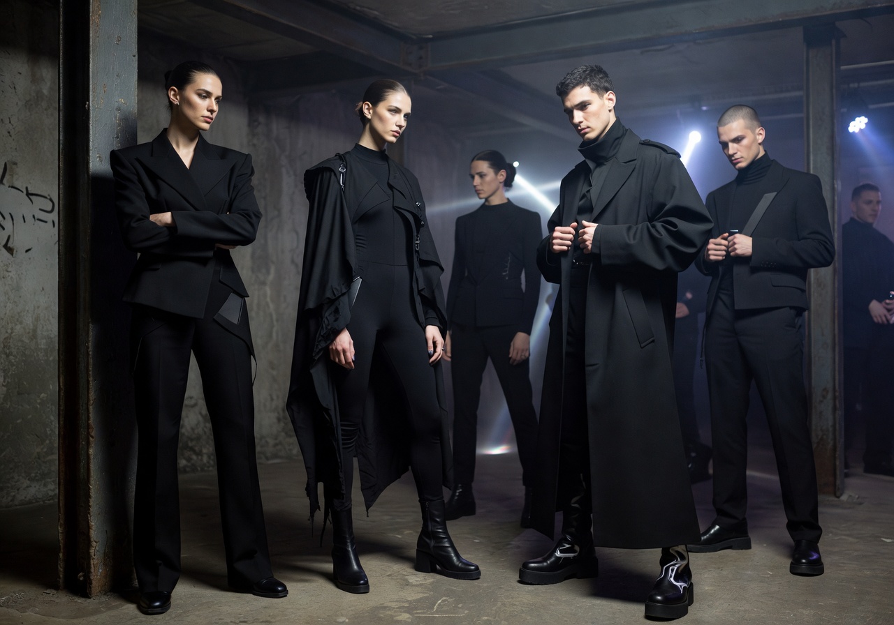 Berlin club culture fashion with minimalist black outfits and avant-garde style