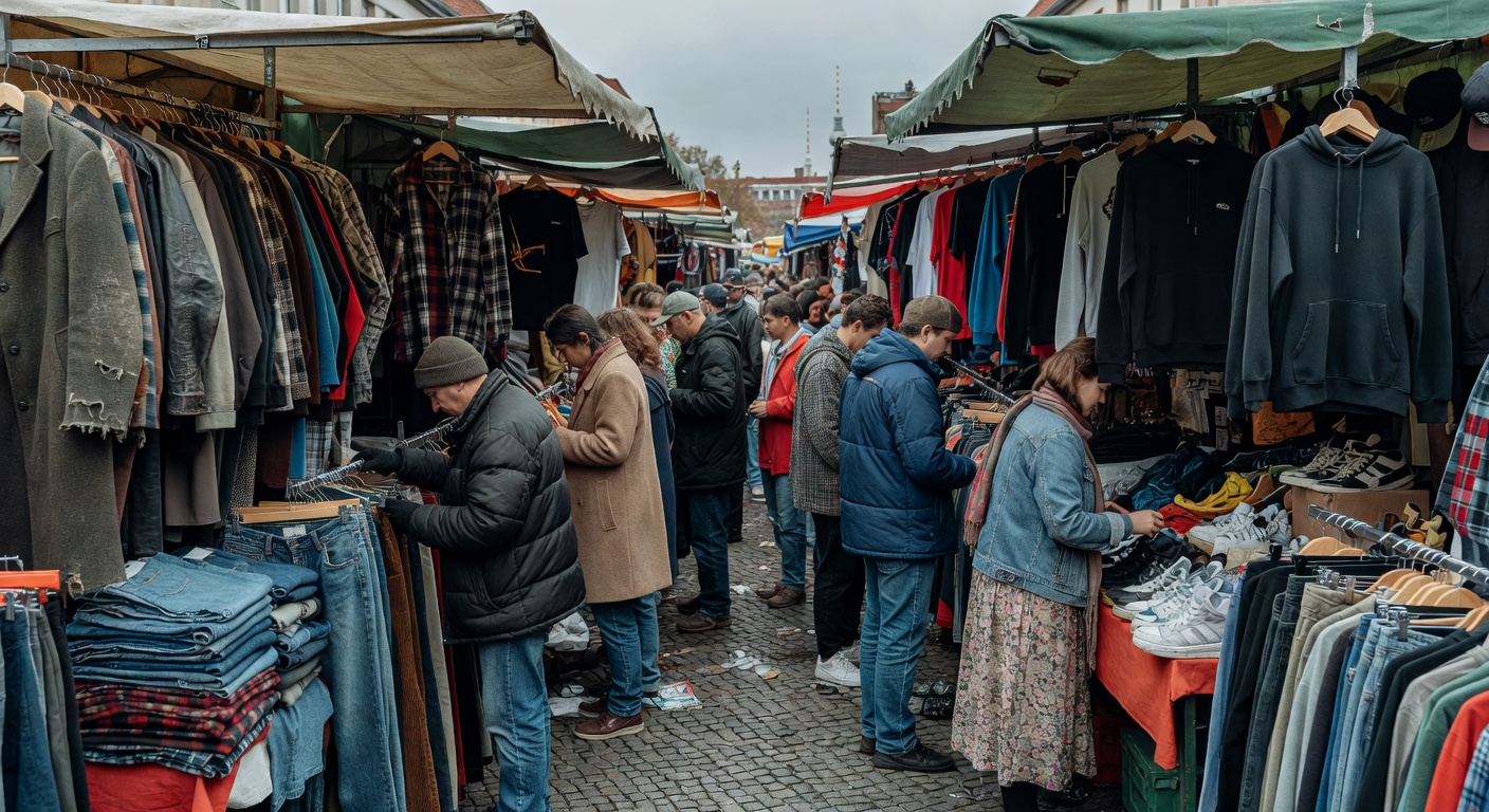 Bustling Berlin clothing market with vintage fashion stalls and shoppers browsing streetwear