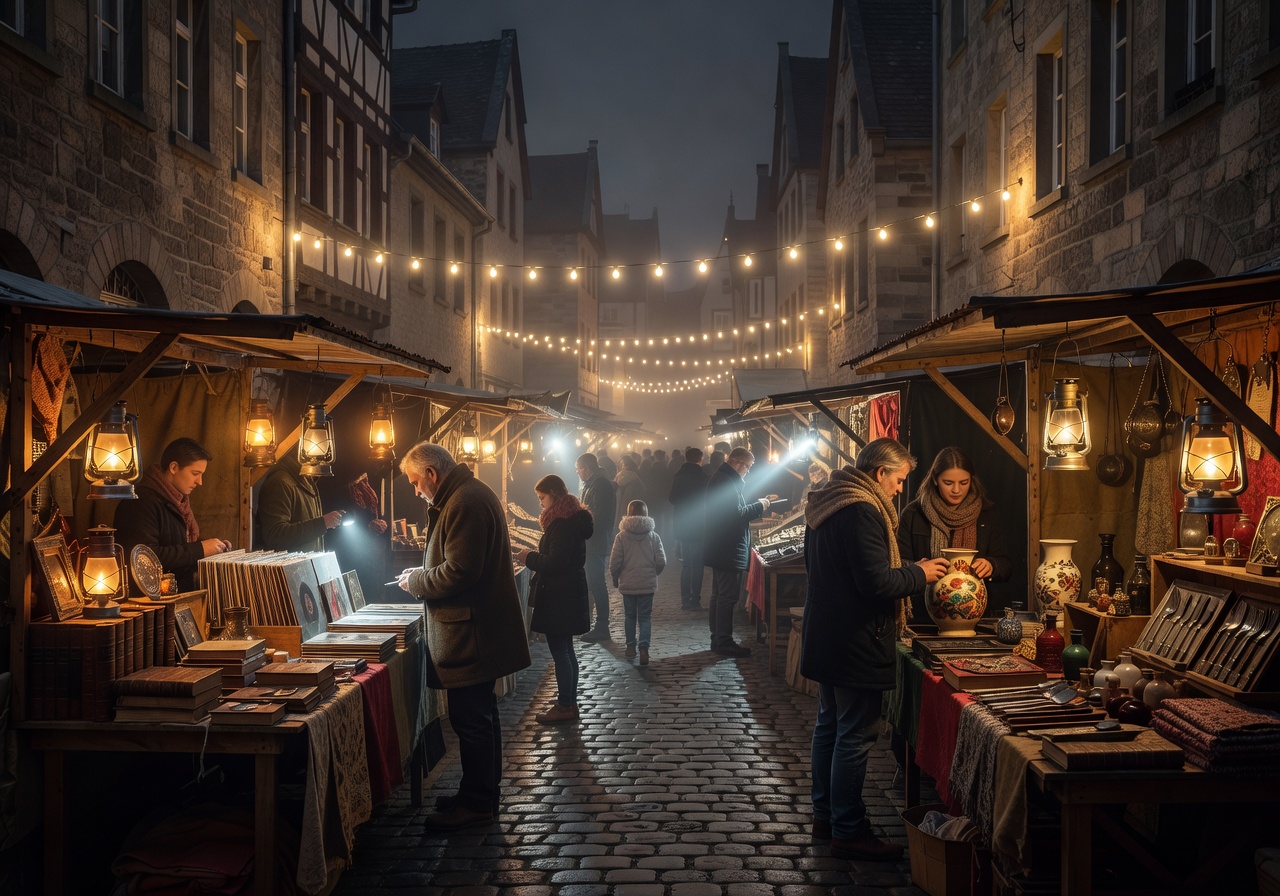 Cologne Nachtflohmarkt night flea market with atmospheric lighting and fashion vendors