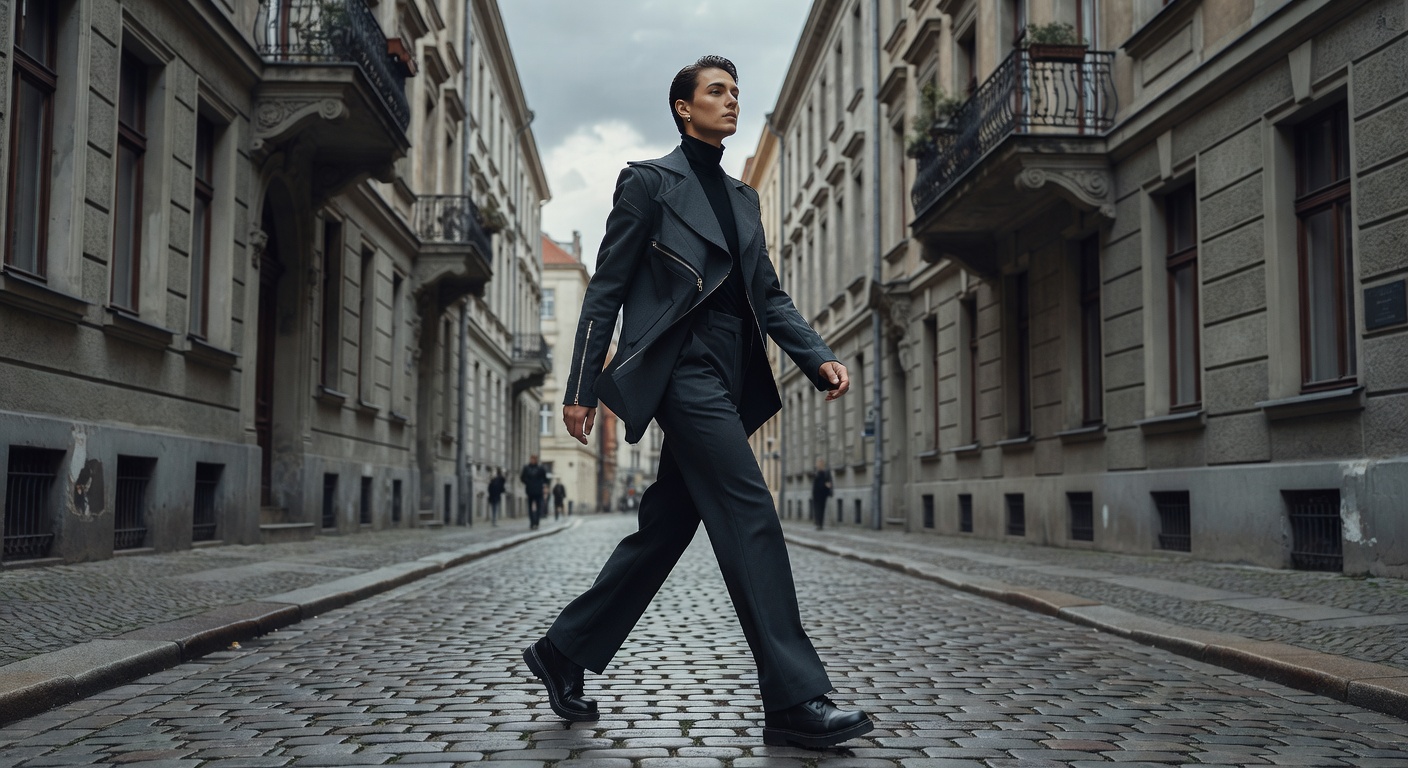 Fashion-forward individual walking on Berlin street representing Bloomicrewforg brand