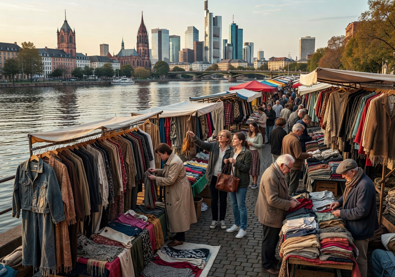 Frankfurt Flea Market along the Main river with vintage clothing stalls and shoppers