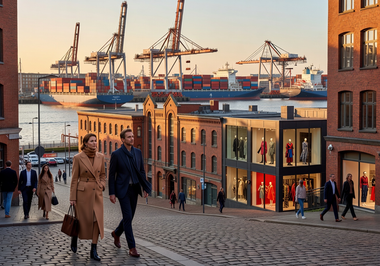 Hamburg harbor district with fashion-forward neighborhoods nearby