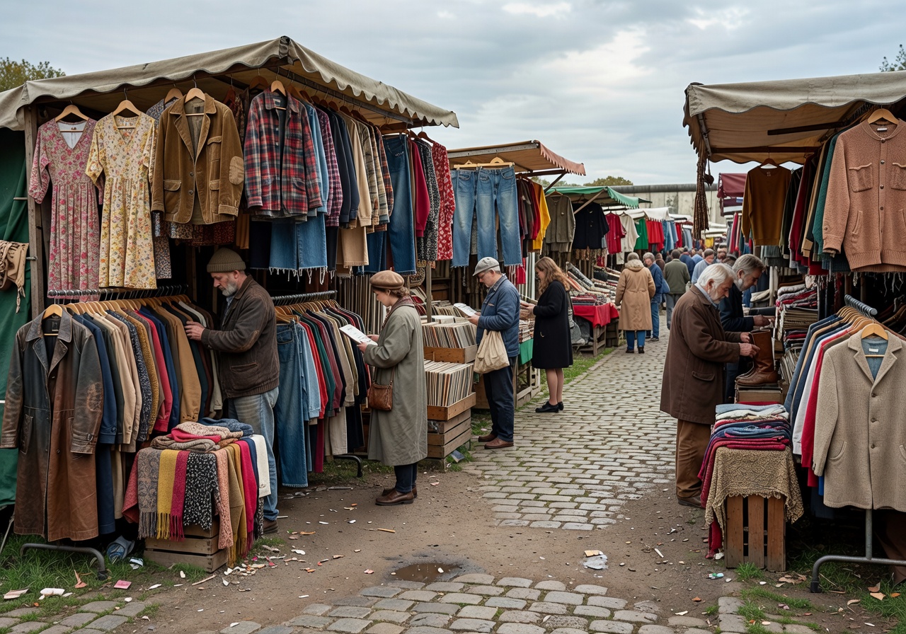 Main entrance area of Mauerpark Flea Market showing vintage clothing stalls