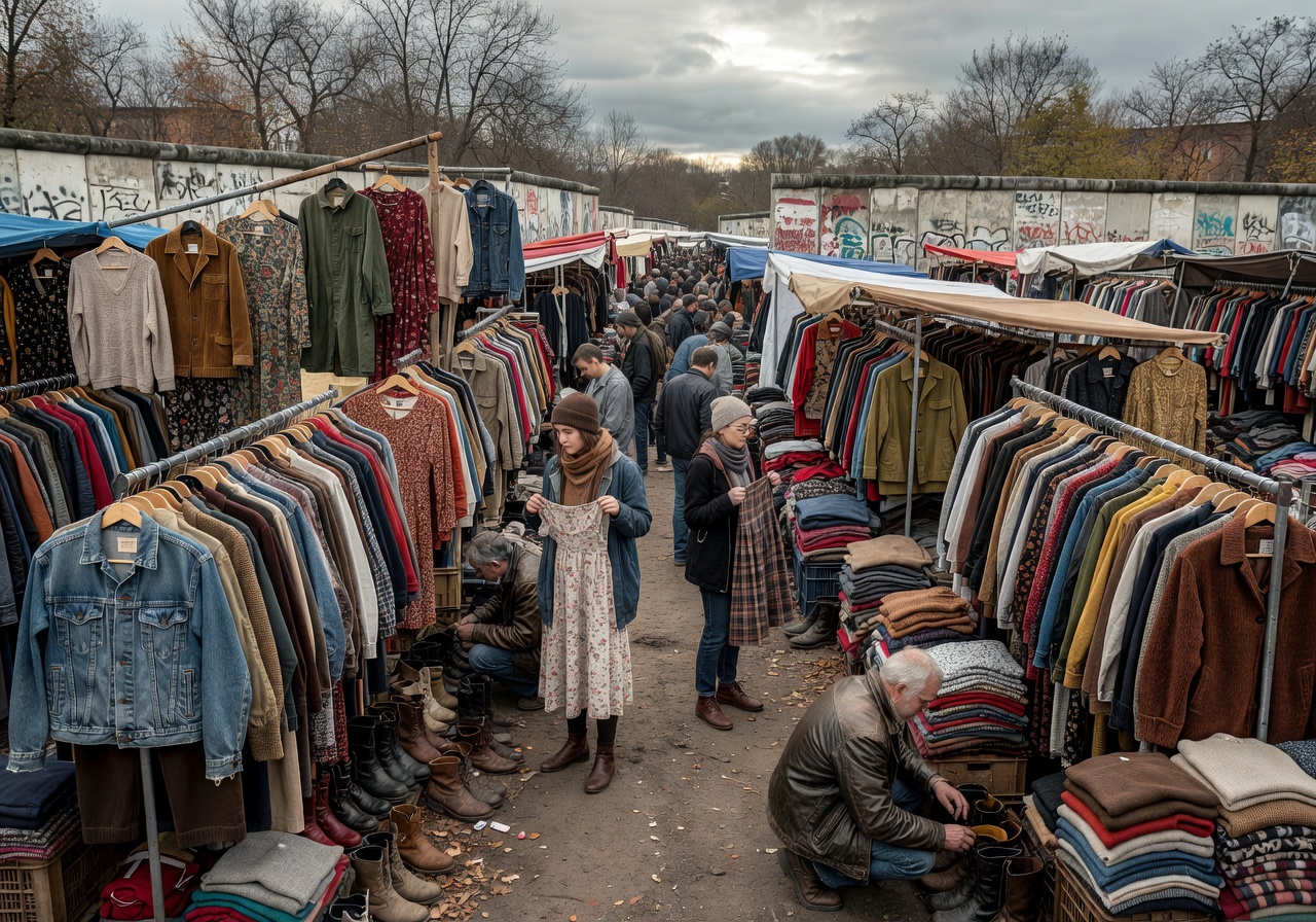 Mauerpark Flea Market in Berlin with rows of vintage clothing stalls