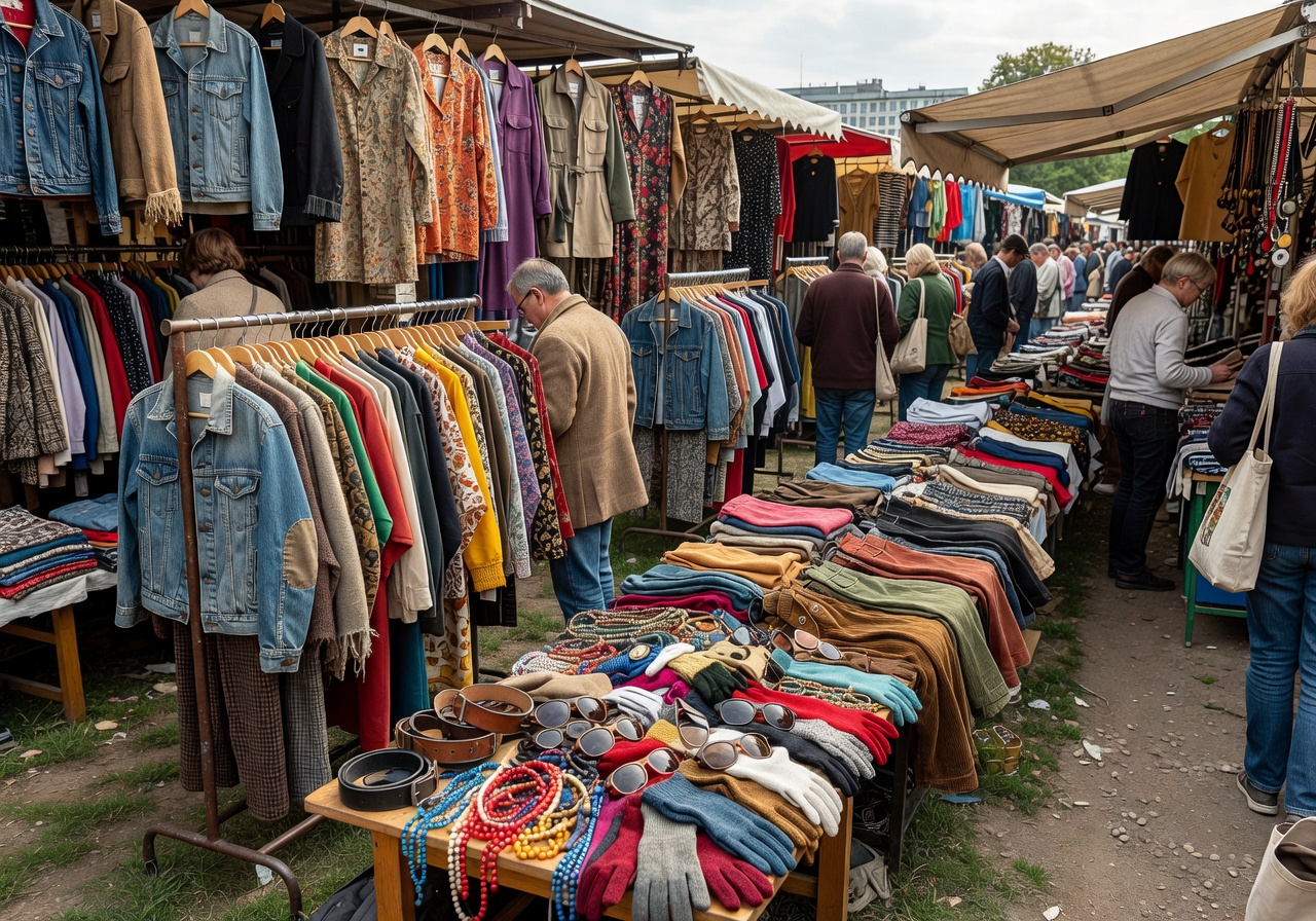Mauerpark Flea Market stalls overflowing with vintage clothing and accessories