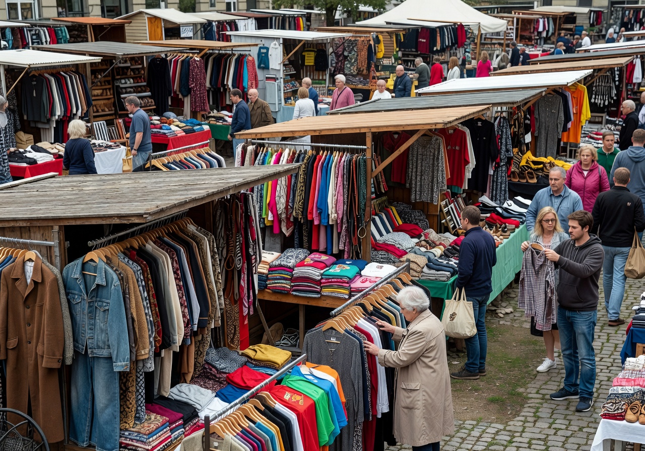 Munich Riesenflohmarkt giant flea market with diverse clothing vendors