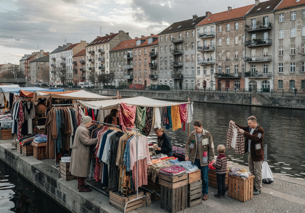Nowkoelln Flowmarkt vintage fashion stalls along the Maybachufer canal