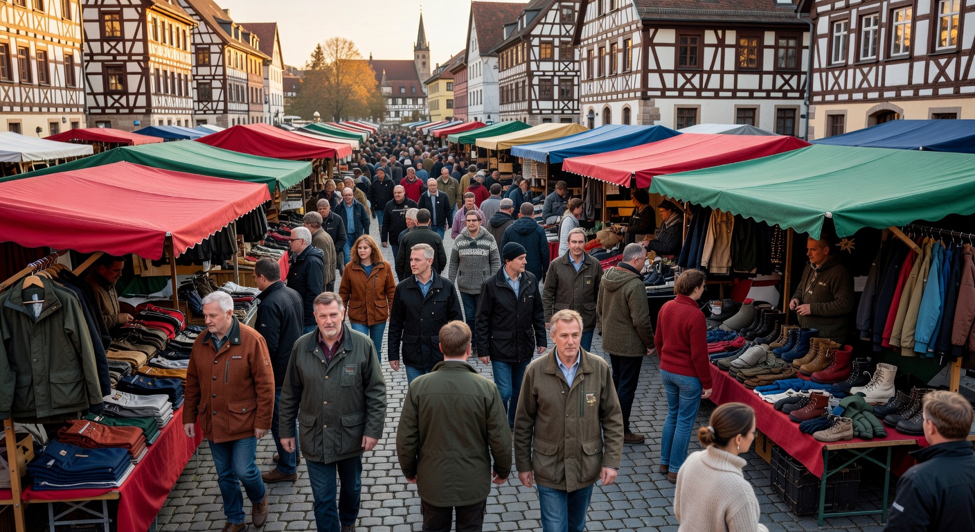 Panoramic view of a vibrant German outdoor clothing market