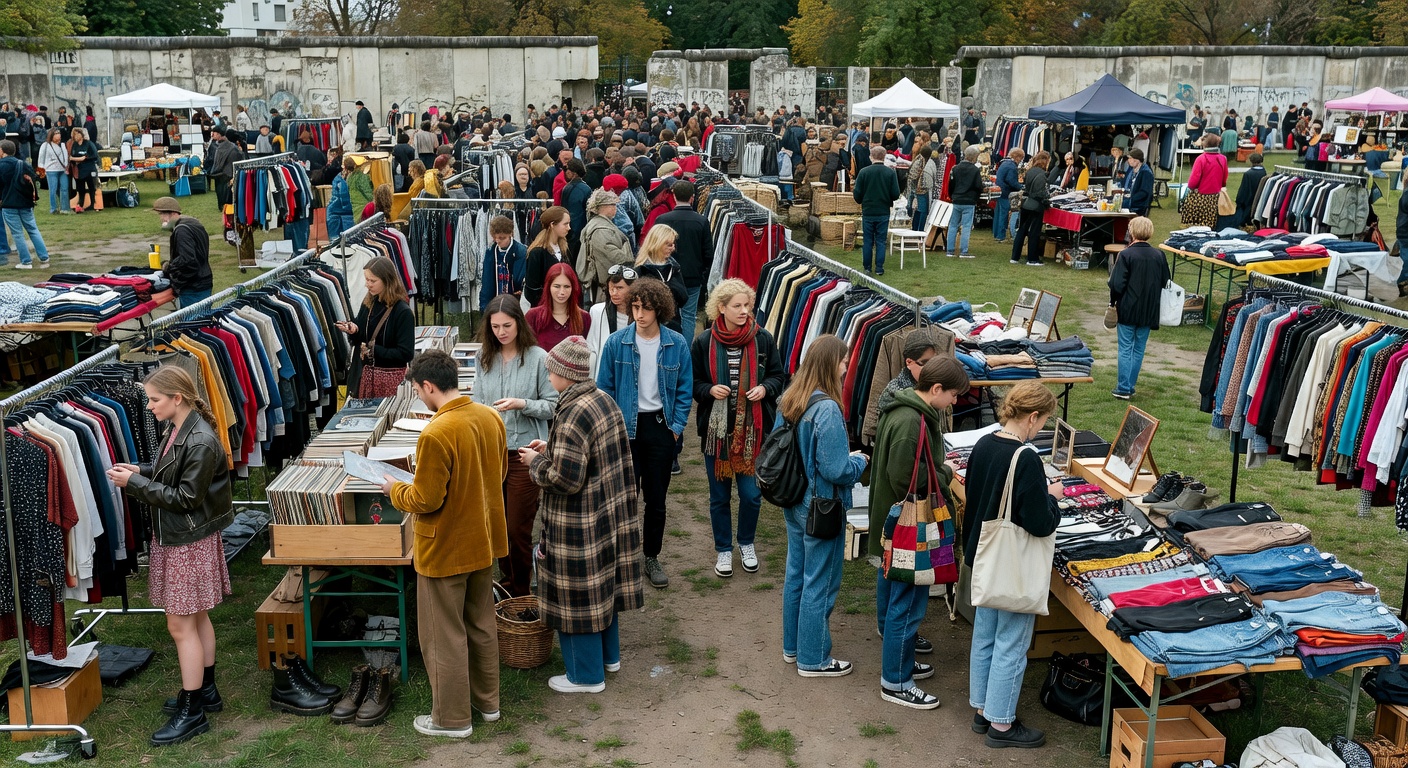 Wide panoramic view of Mauerpark Flea Market in Berlin filled with fashion shoppers